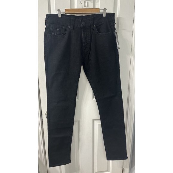 True Religion Mens Black Rocco Flap Relaxed Fit Skinny Denim Jeans Size 36